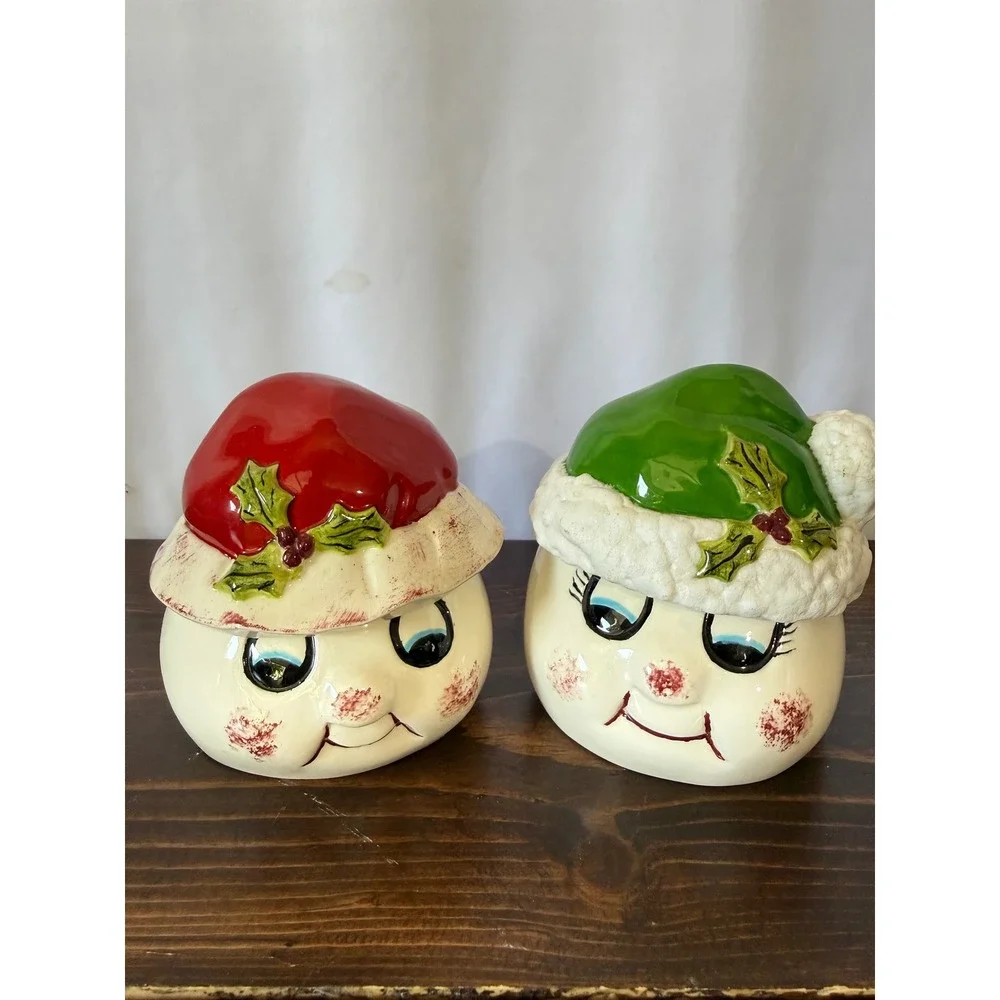 Vintage Snowman Head Ceramic Canisters Christmas Holiday Decor Set of 2‎ IB Mark